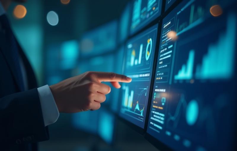 Professional image depicting financial analysis and learning, showing charts and data on screens.