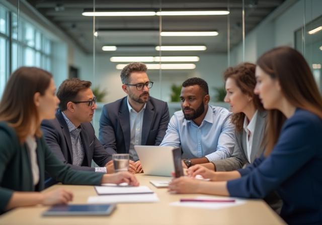Photo of a professional team collaborating around a table in a modern office setting.